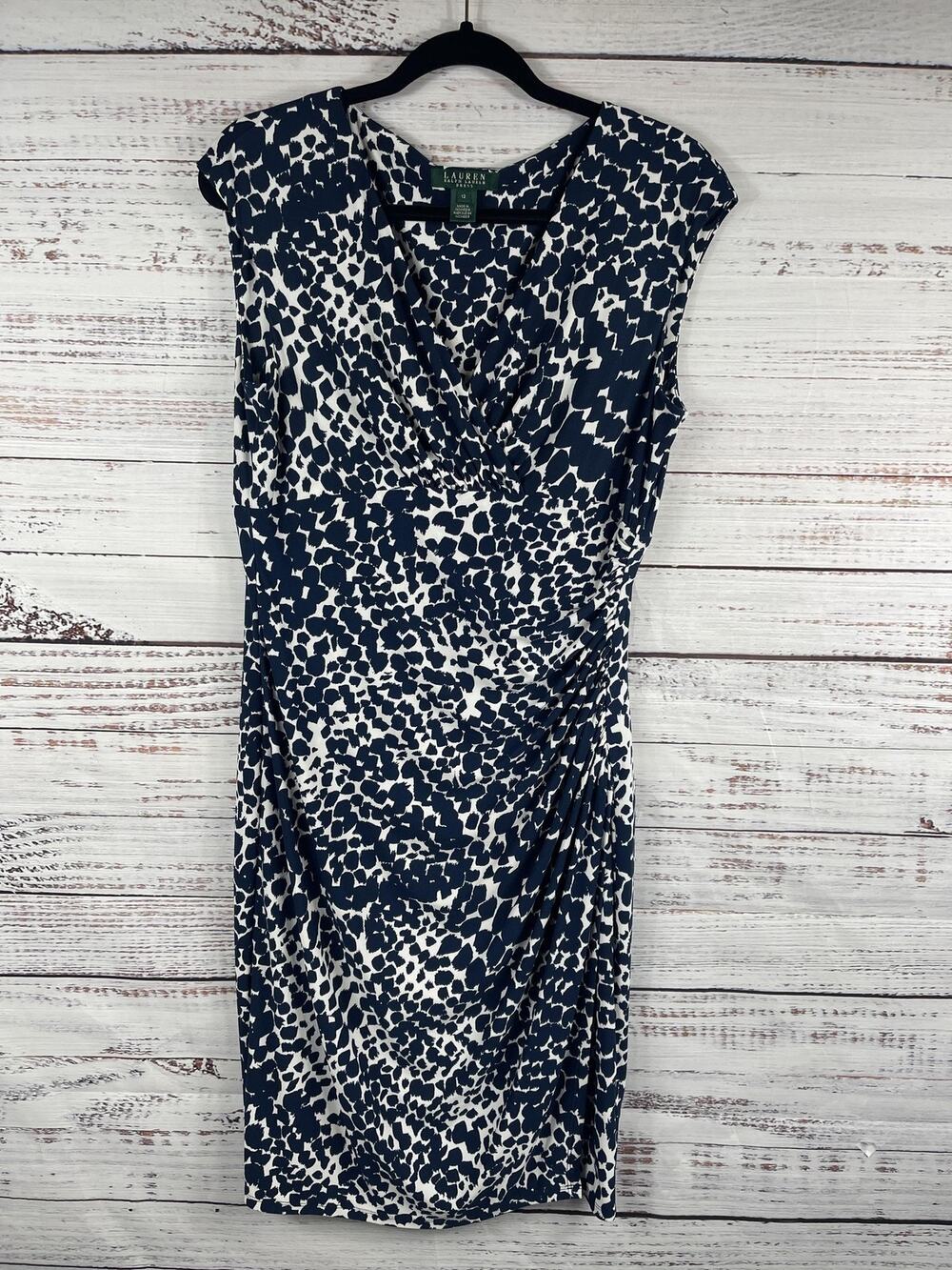 Lauren Ralph Lauren Dress Women's SZ12 Blue White Ruched Sheath Cap Sleeve Print